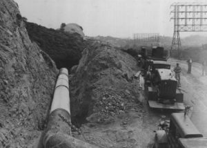 In 1938 a major addition to the infrastructure in the canyon was the Metropolitan Water District pipeline from the Colorado River delivering water to the Los Angeles area. The 55” pipeline shown proceeds down Figueroa Street, under the Community garden in the former trolley right of way and thence to Palos Verdes. Another branch flows under Scholl Canyon to Santa Monica. Los Angeles’ share of the water was tapped in the 1950’s via the Eagle Rock Reservoir and a pipeline under Colorado Boulevard to the Silver Lake Reservoir. (Metropolitan Water District)