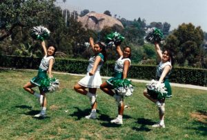 In 1996 the Eagle Rock High school cheerleaders Peggy Vadillo, Desirae Ortiz, Ivy Donaldson, and Elizabeth Cordero graced a day long celebration of the dedication of the Eagle Rock as a park. (John Miller Photograph-ERVHS)
