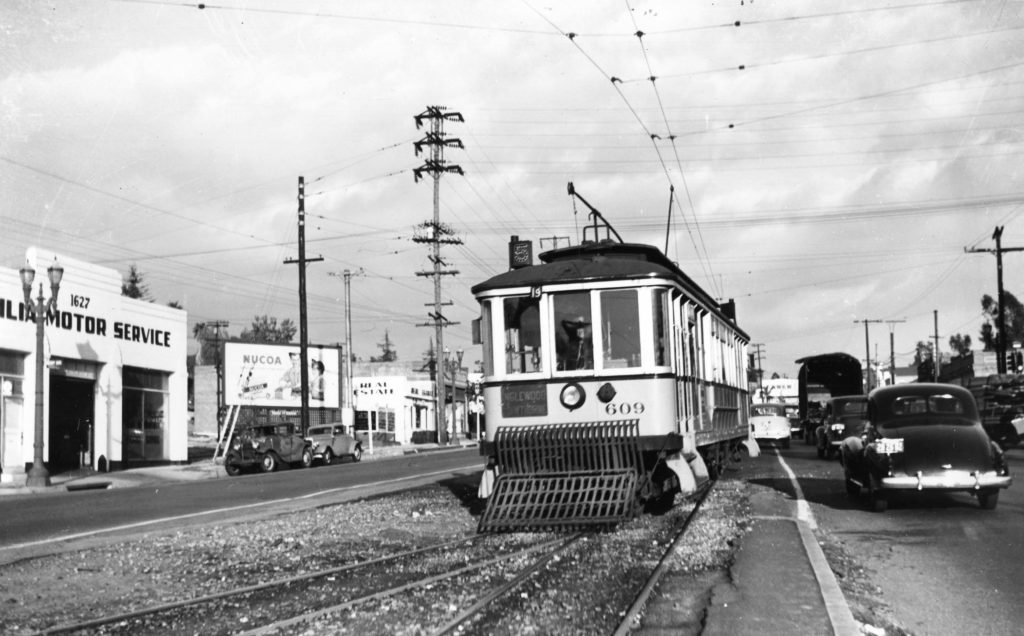 The streetcar is shown near the end of the line at Townsend Avenue in 1946. The switch that allowed the car to return on the double tracked right of way is shown in the foreground. (Southern California Railway Museum, Ray Younghans photograph)