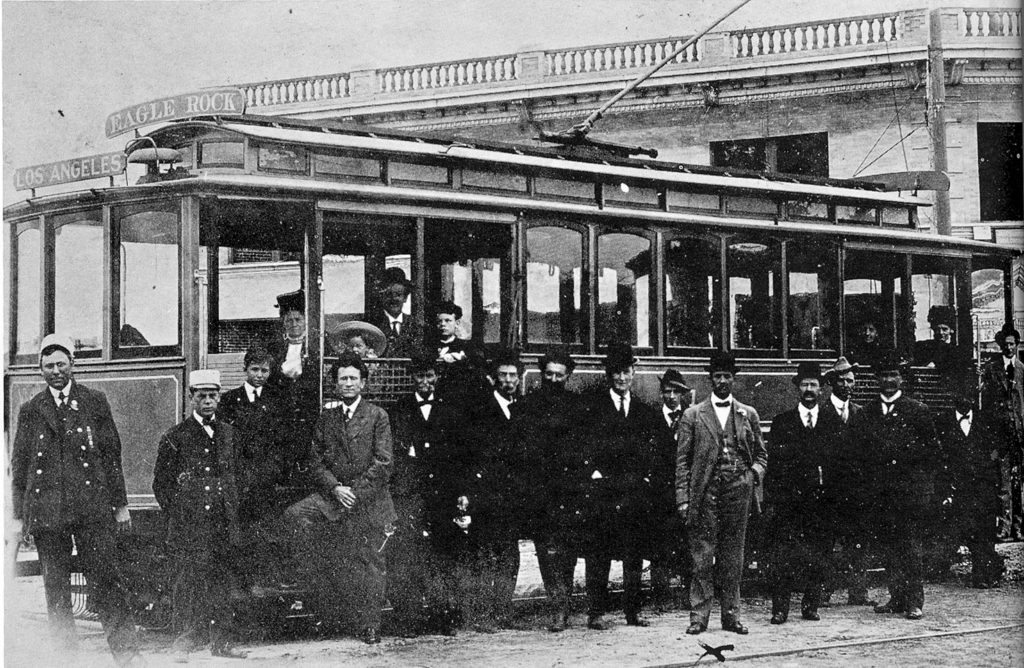 The opening day of the Glendale and Eagle Rock Railway was March 13,1909. Said to be a “wedding between Glendale and Eagle Rock.” This photo was taken looking southeast at the corner of Glendale Avenue and Broadway in Glendale. On the left is Motorman J. S. Alpine, then Conductor, John Marvel. Above the “X” is E. D. Goode, “the moving spirit behind the enterprise.” (LAPL Security Bank Collection)
