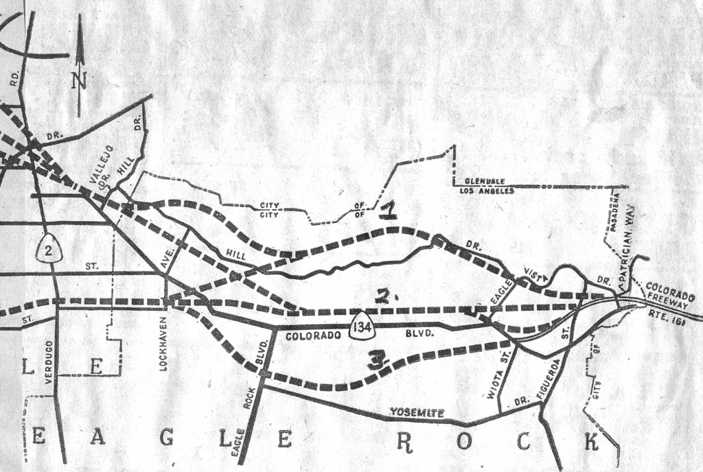 This map of the possible freeway routings proposed in 1950 by Caltrans offered Eagle Rock three options, all of which would have obliterated Eagle Rock as we know it. Route 1 went partially through the hills but then descended to Hill Drive at the bend and proceeded, cutting off the Lemon Grove area and Eagle Rock Park. Route 2 followed Las Flores Drive. Route 3 followed Chickasaw Avenue. (Published in the Eagle Rock Sentinel)