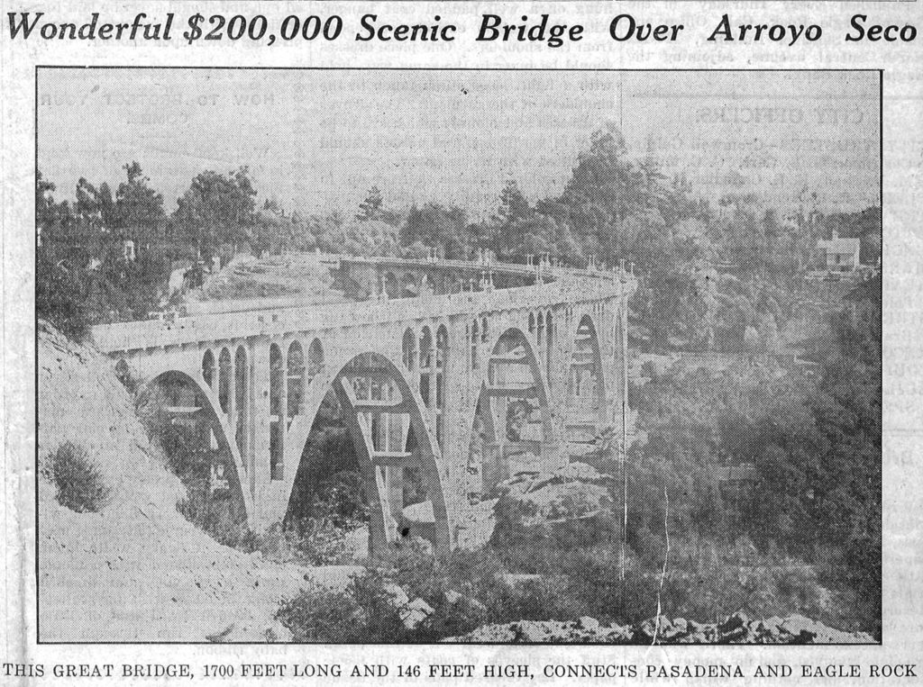The Sentinel celebrated the completed bridge. As part of the 1914 progress celebration O. J. Root organized an auto parade across the new bridge down to the river through Pasadena, west to Glendale north to Colorado Boulevard and back to Eagle Rock. The focus of transportation began to shift to the automobile. Root was the west coast representative for the Moline Automobile Company. (Eagle Rock Sentinel)
