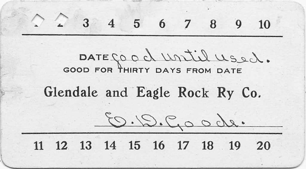 Elena Frackelton Murdock’s railway pass, issued by E.D. Goode. Mrs. Murdock recalled that Goode’s son Ray was the first successful birth among the English-speaking residents of the valley. (Murdock Family Collection, ERVHS)