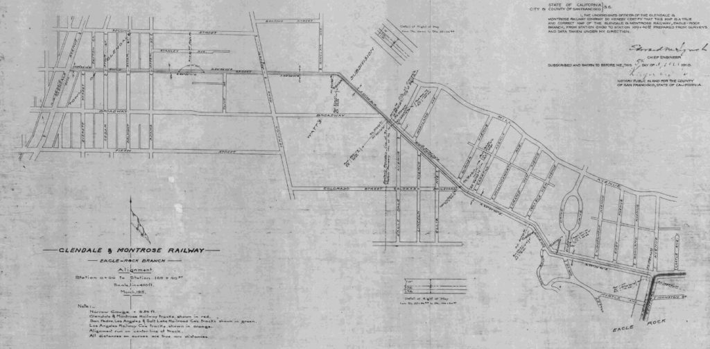 A map of the Eagle Rock branch of the then Glendale and Montrose Railway. The railway played a vital part in the building of our city, delivering freight to Eagle Rock from the railhead in Glendale. It ran west from Brand on Broadway, jogged north on Glendale to Wilson, west to Broadway then Colorado to Eagle Rock Boulevard. In 1917 a rail spur was built running south, parallel to the boulevard, probably along the alley behind the stores. A small station may have been built along this line but no record of its location has been found. (Southern California Railway Museum)