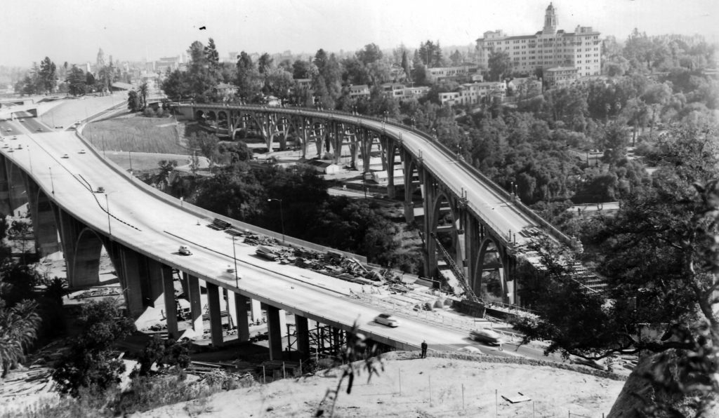 The bridge paralleling the Arroyo Seco Bridge was completed in 1955 and was widened as part of the Eagle Rock connection. (ERVHS)