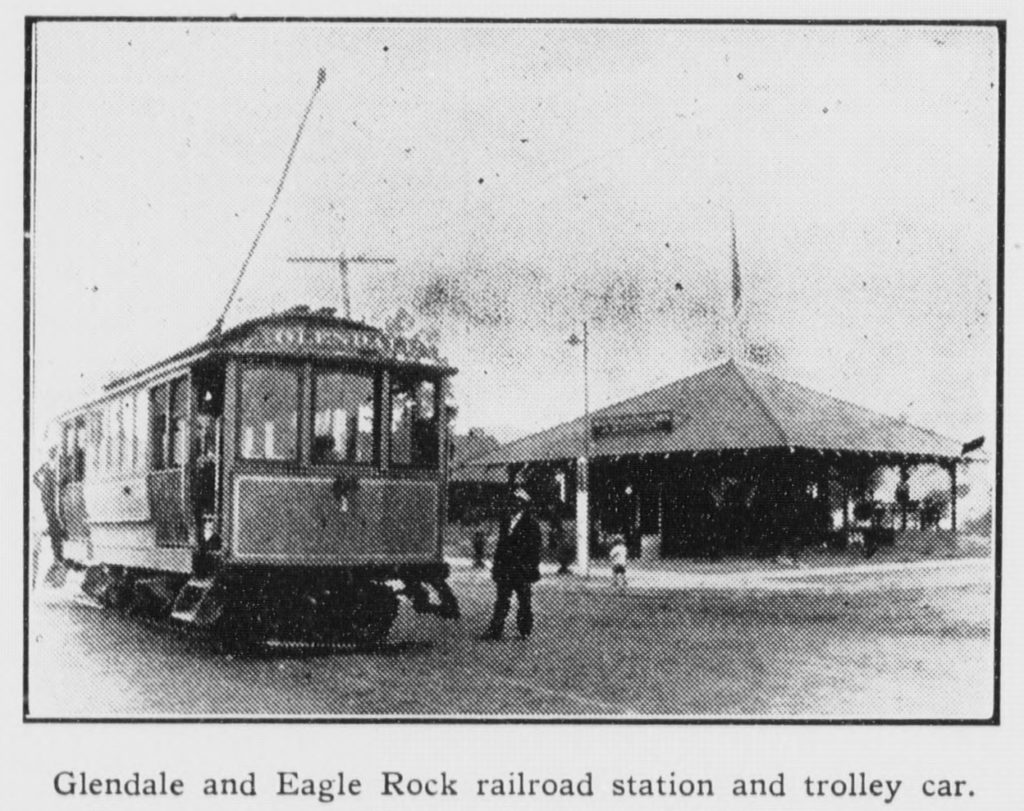 The streetcar, headed toward Glendale, is shown in front of the station on Glendale Avenue. (Los Angeles Herald)