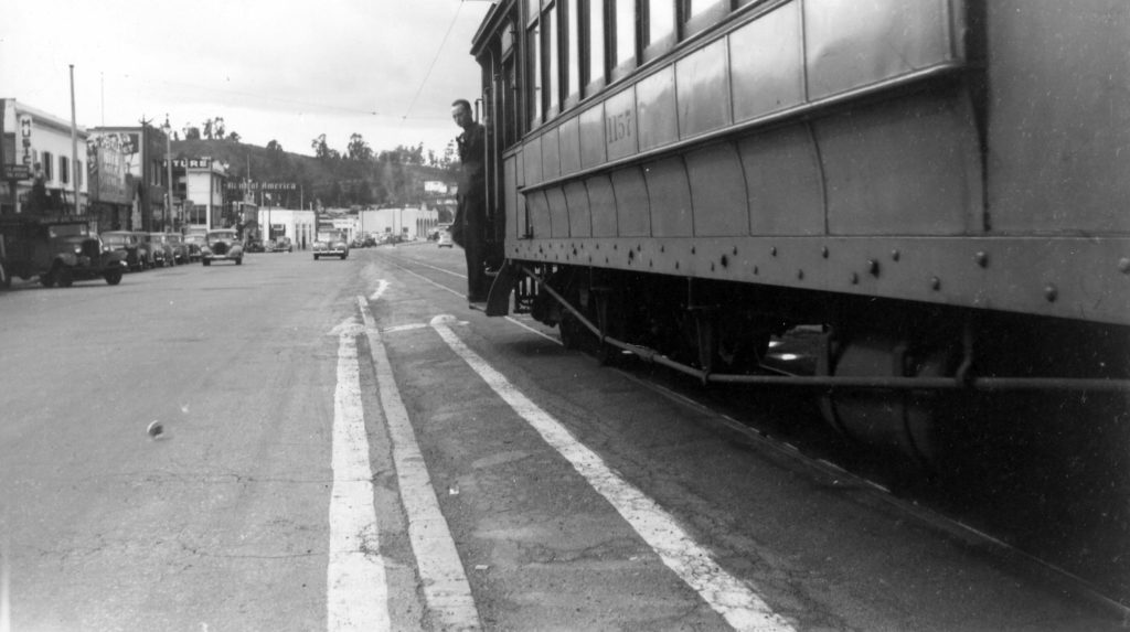 This view from the front door of the streetcar looking west from Caspar shows the tiny passenger loading area in the middle of Colorado. (Southern California Railway Museum, Lane Collection)