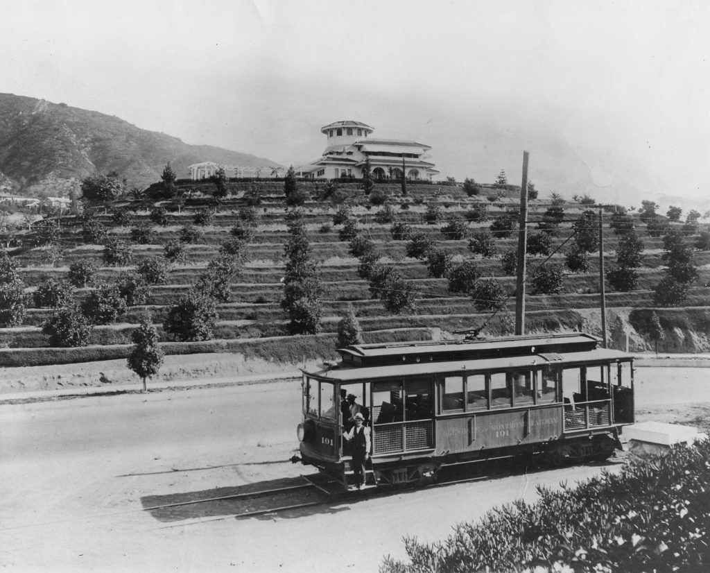 The streetcar heading toward Glendale in front of the Bessolo house at the top of the hill. The house, considerably remodeled, still exists. The four-story Colorado Terrace building now hides it. (ERVHS)