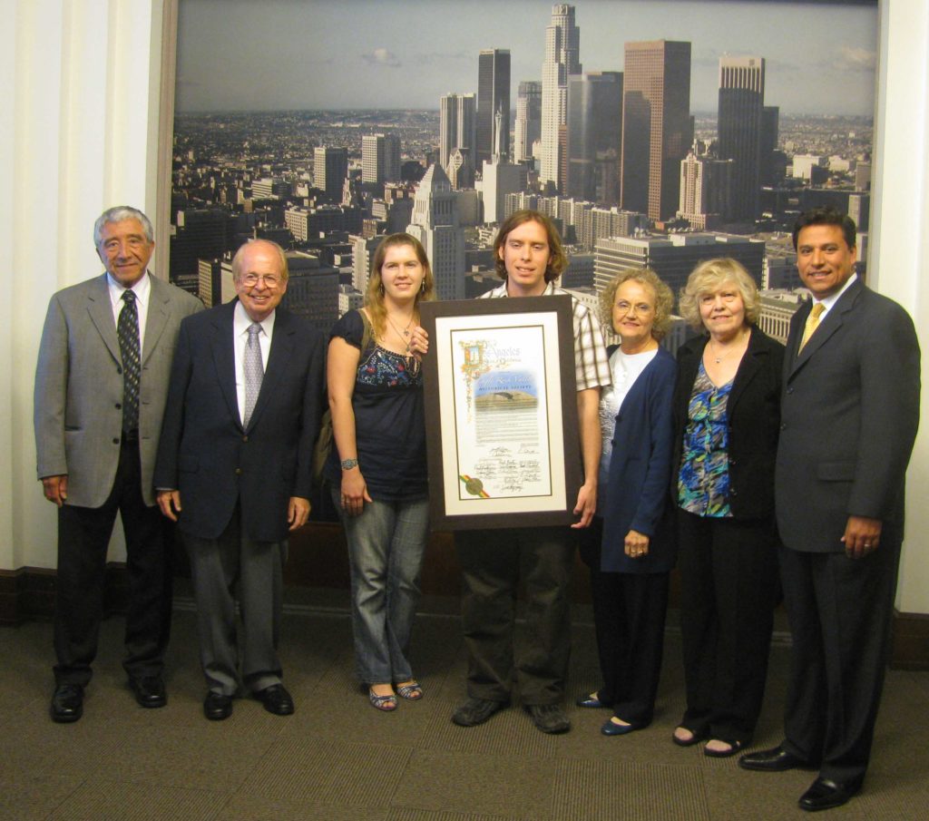 In 2010 the society was honored by the city council. Pictured at City Hall are, left to right, Fred Guapo, John Miller, Sarah Stargel, Cory Stargel, Karen Warren, Donna Guapo and councilmember Jose Huizar. (Eric Warren-ERVHS)