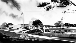 New Toland Way. The old school was replaced by this building, probably in the late 1950s (Rendering by Parker and Parker Architects and Structural Engineers, Courtesy LAUSD Art and Artifact Collection.)