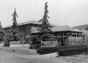 After the 1933 earthquake, classes were moved to the playground while damage was assessed. Although no significant damage was discovered in either masonry building it was determined that reinforcement was necessary. A WPA grant was obtained for the massive district wide rebuilding that was necessary. Steel was added to the supporting structure and the buildings were stuccoed to cover it. -LAUSD Art and Artifact Collection.